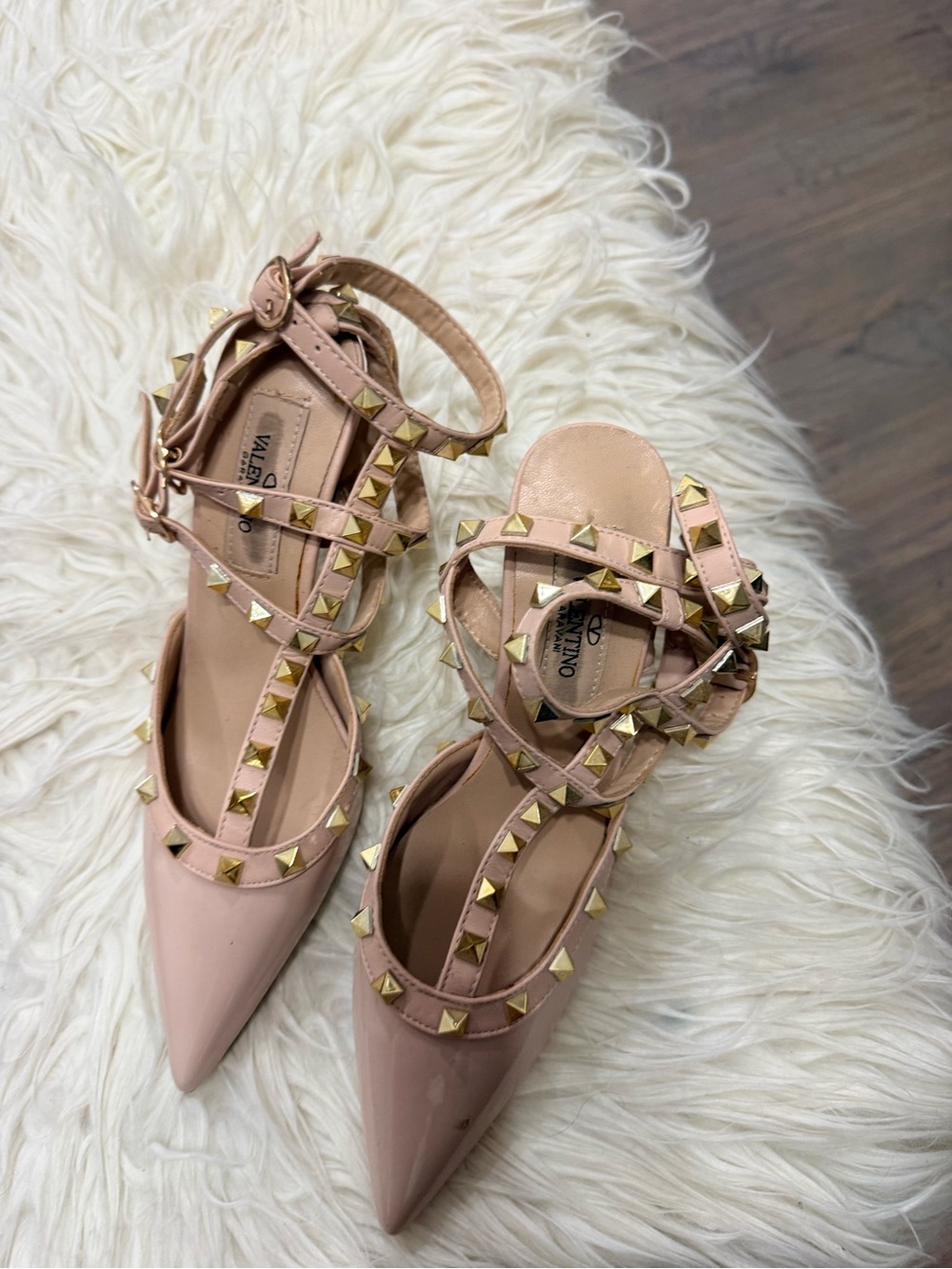 Valentino Nude Pink Patent Rockstud Pointed-Toe Ankle-Strap Pumps